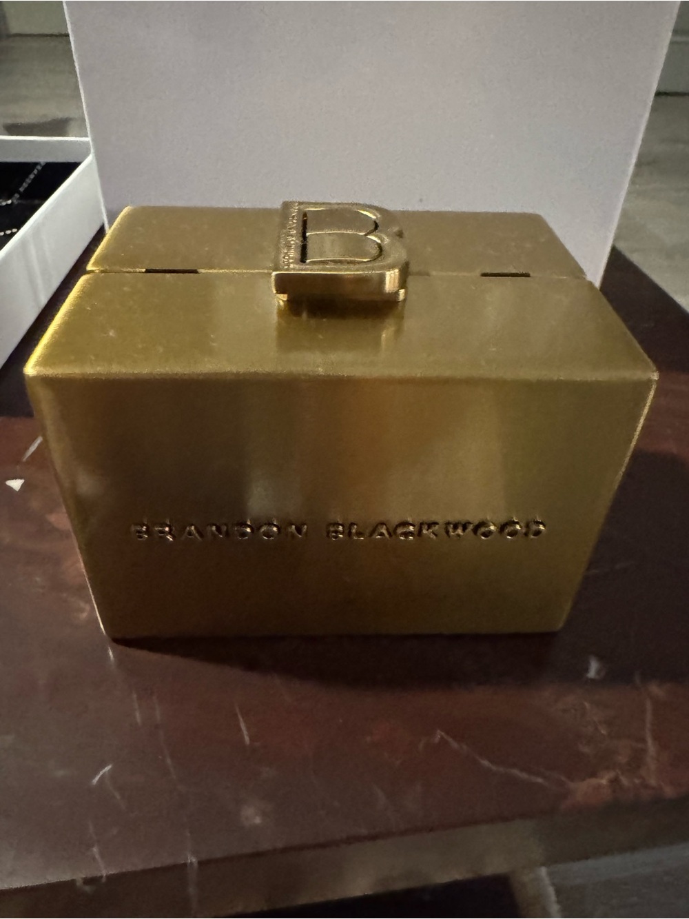 Brandon Blackwood Gold Metallic Minaudière Clutch with Raised B Lock